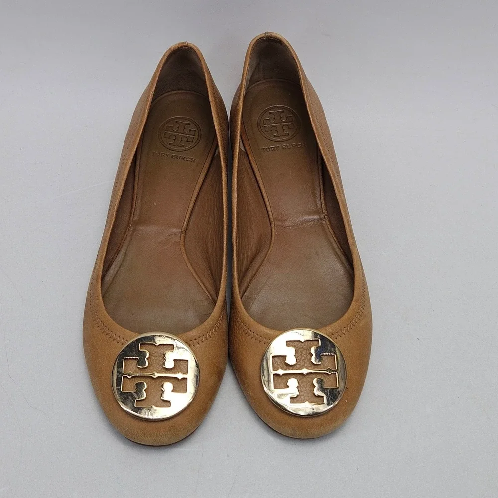 Tory Burch Tan Leather Reva Ballet Flats with Gold Logo